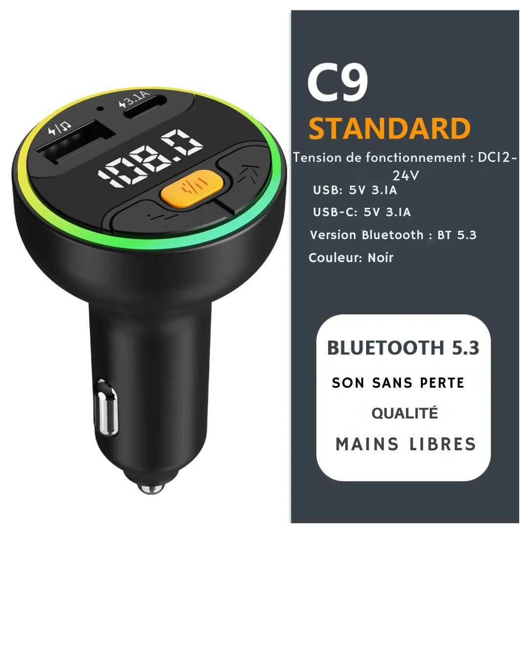 Émetteur FM Bluetooth 5.3 avec Charge Rapide