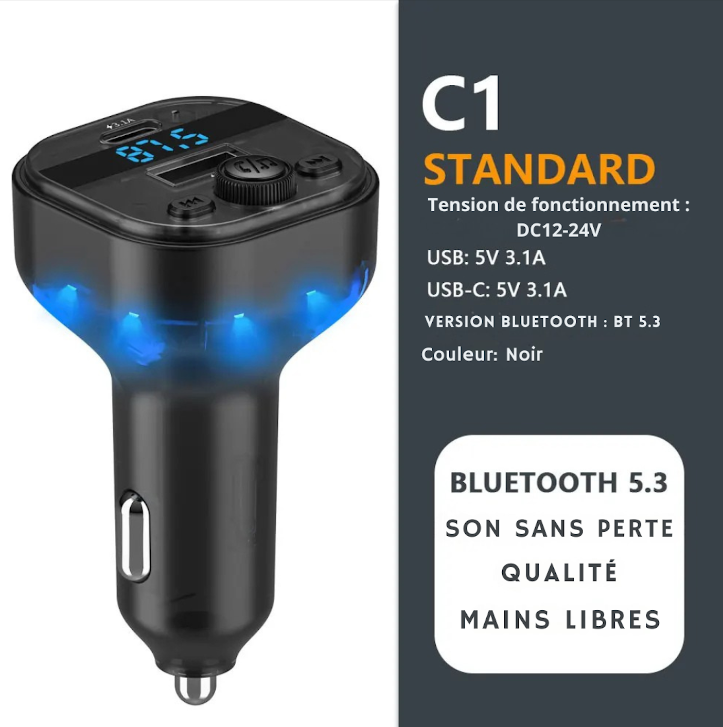 Émetteur FM Bluetooth 5.3 avec Charge Rapide